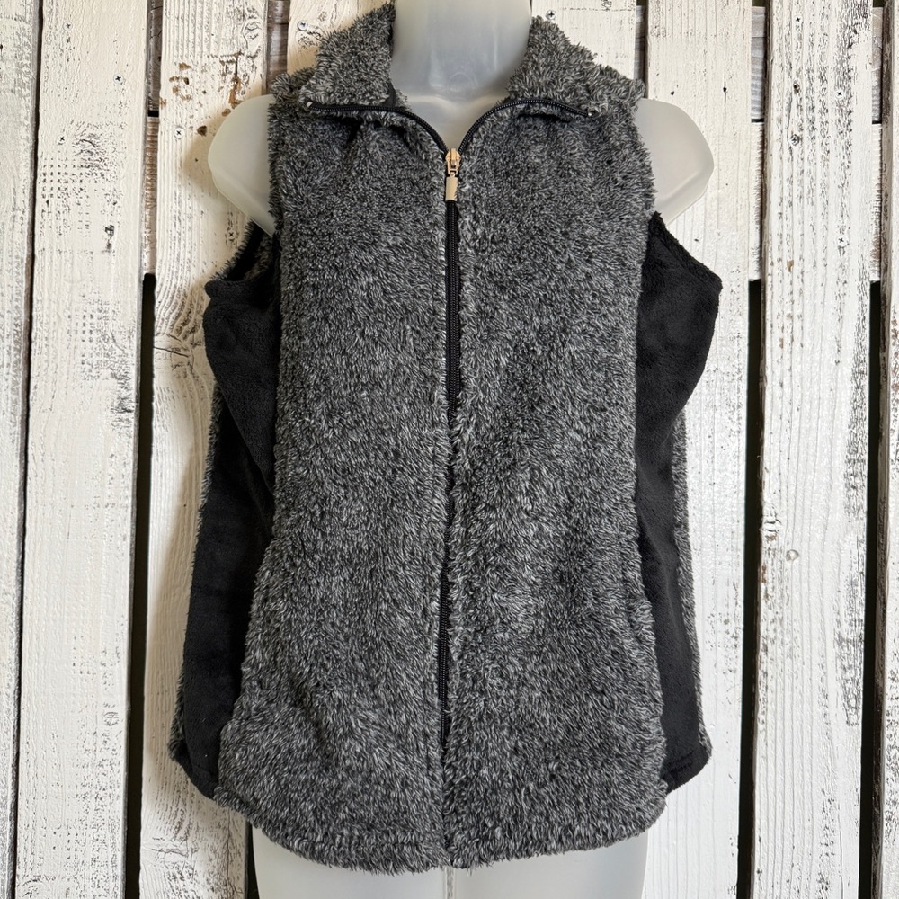Jason Maxwell Full Zip Vest Pockets Cozy Fuzzy Fleece Black Gray Women P Small